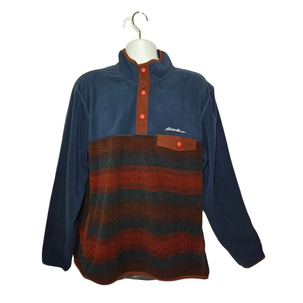 Eddie Bauer Men's Fleece Pullover Top Pockets‎ Blue Red Striped XL